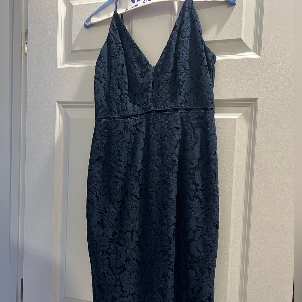 Astr Navy Lace Midi Dress with V-Neck
